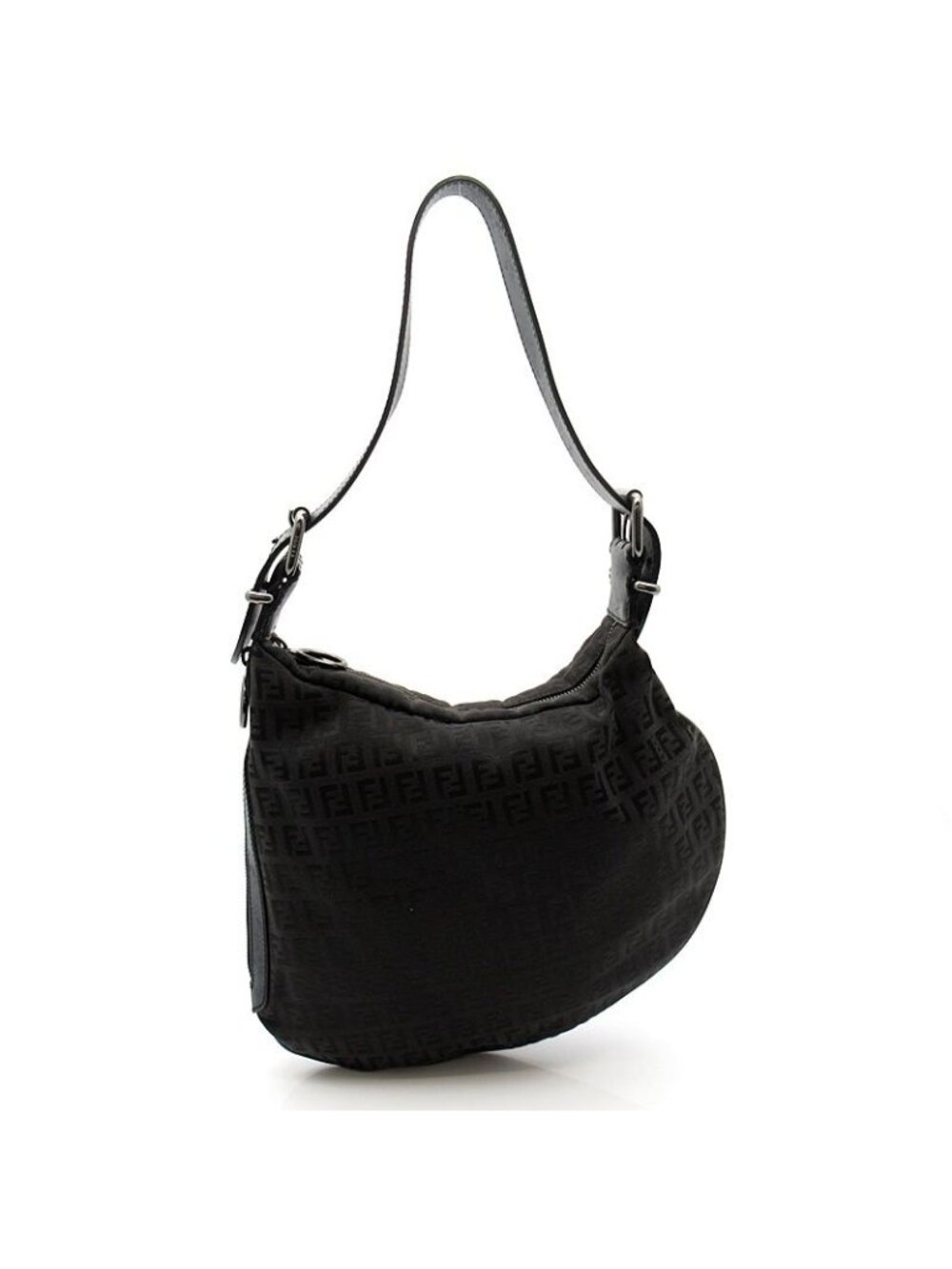 Fendi Zucchino Canvas Leather Shoulder Bag Black